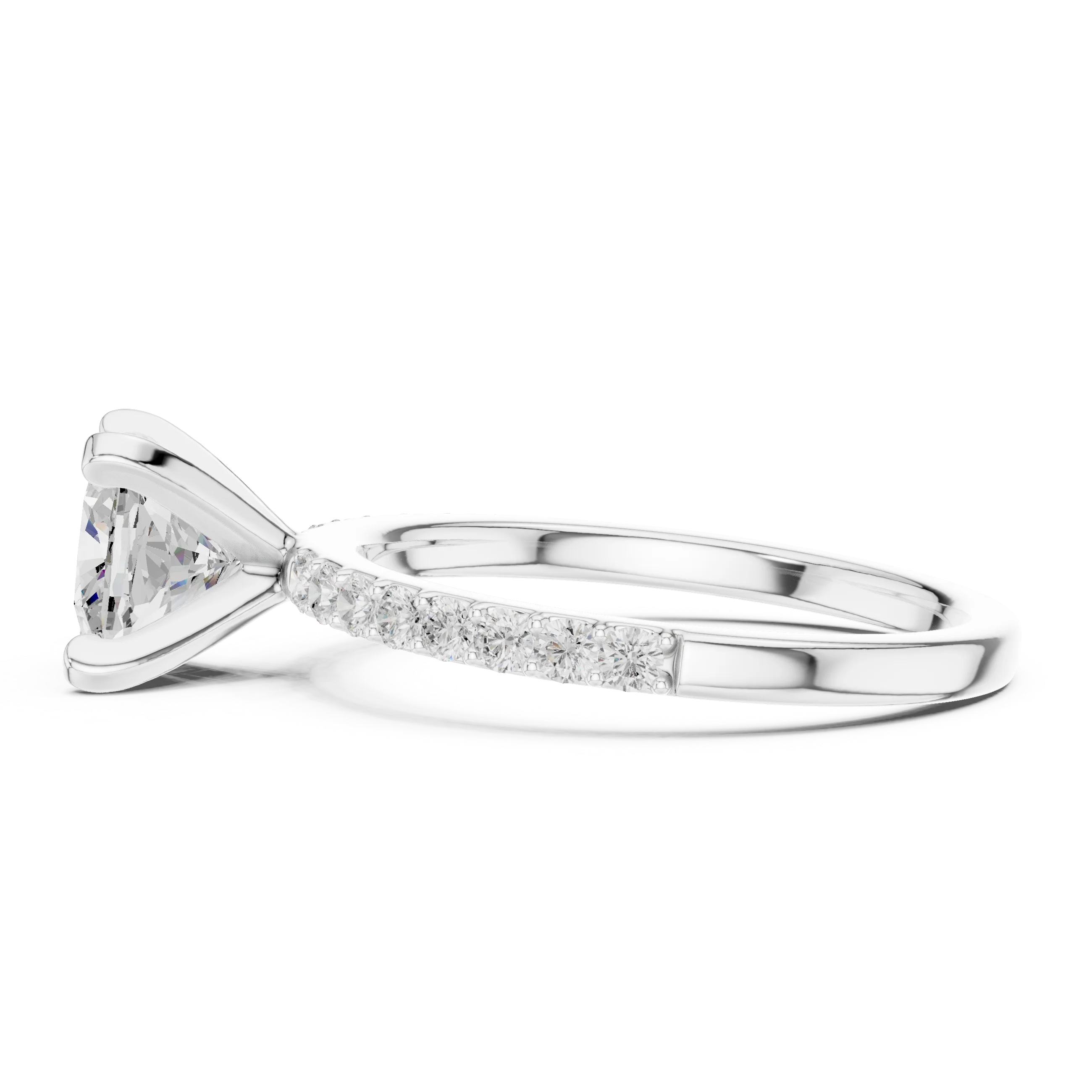 Side view of white gold cushion solitaire ring with thin pavé band and elevated setting