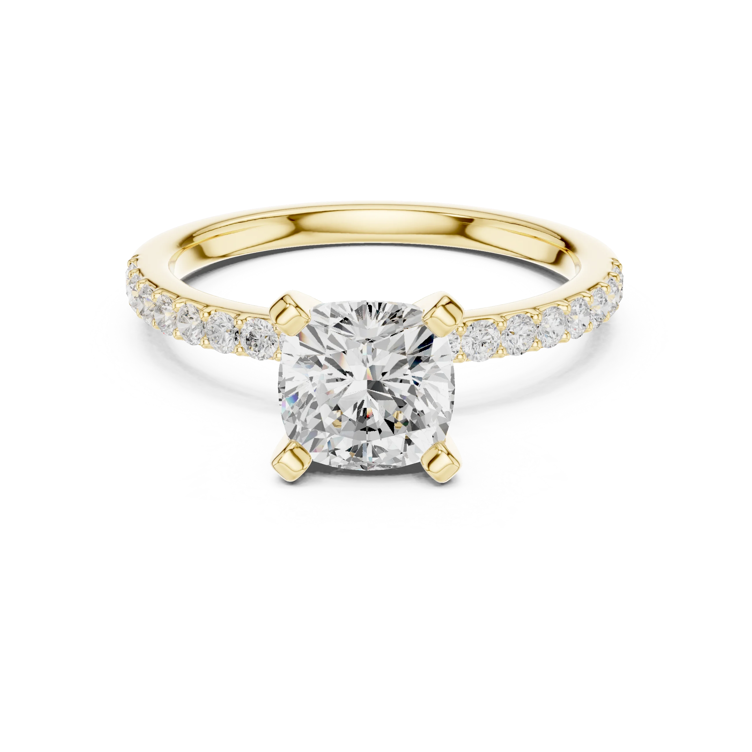 Lab-grown cushion solitaire diamond ring in yellow gold with thin pavé band