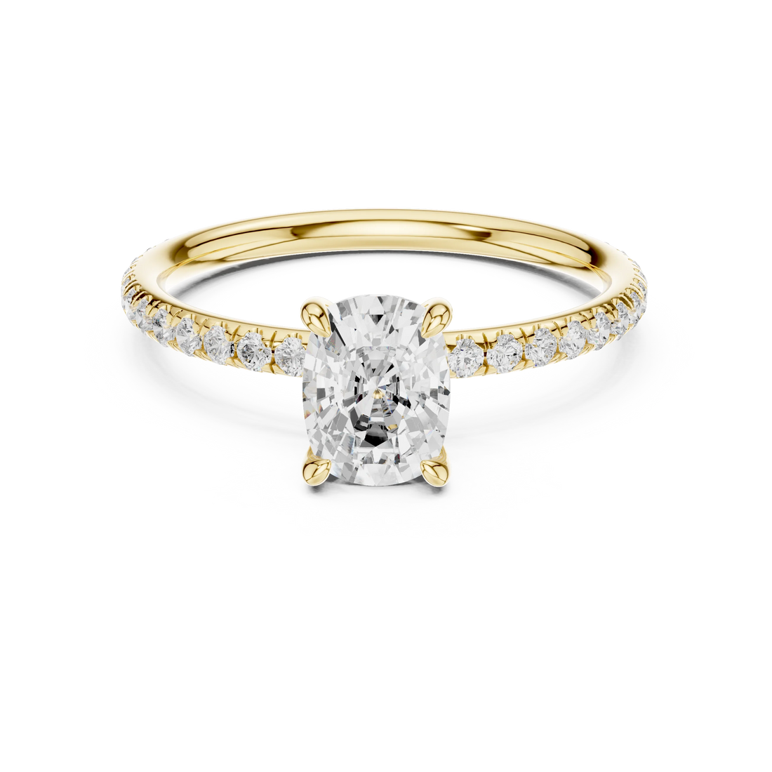 Lab-grown cushion cut solitaire ring in yellow gold with thin pavé diamond band
