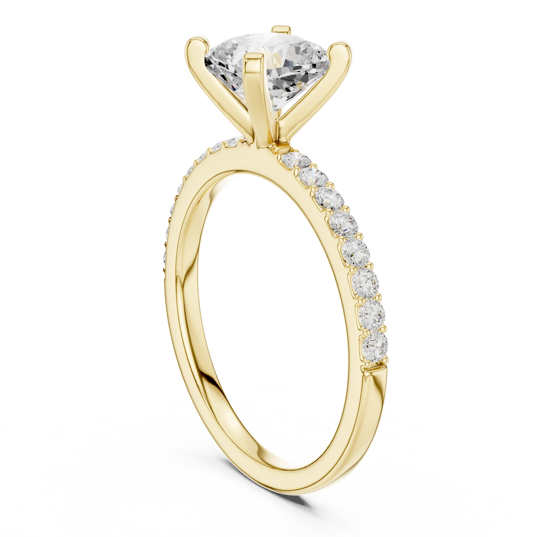 Back side view of yellow gold cushion solitaire ring showing thin pavé band and setting structure
