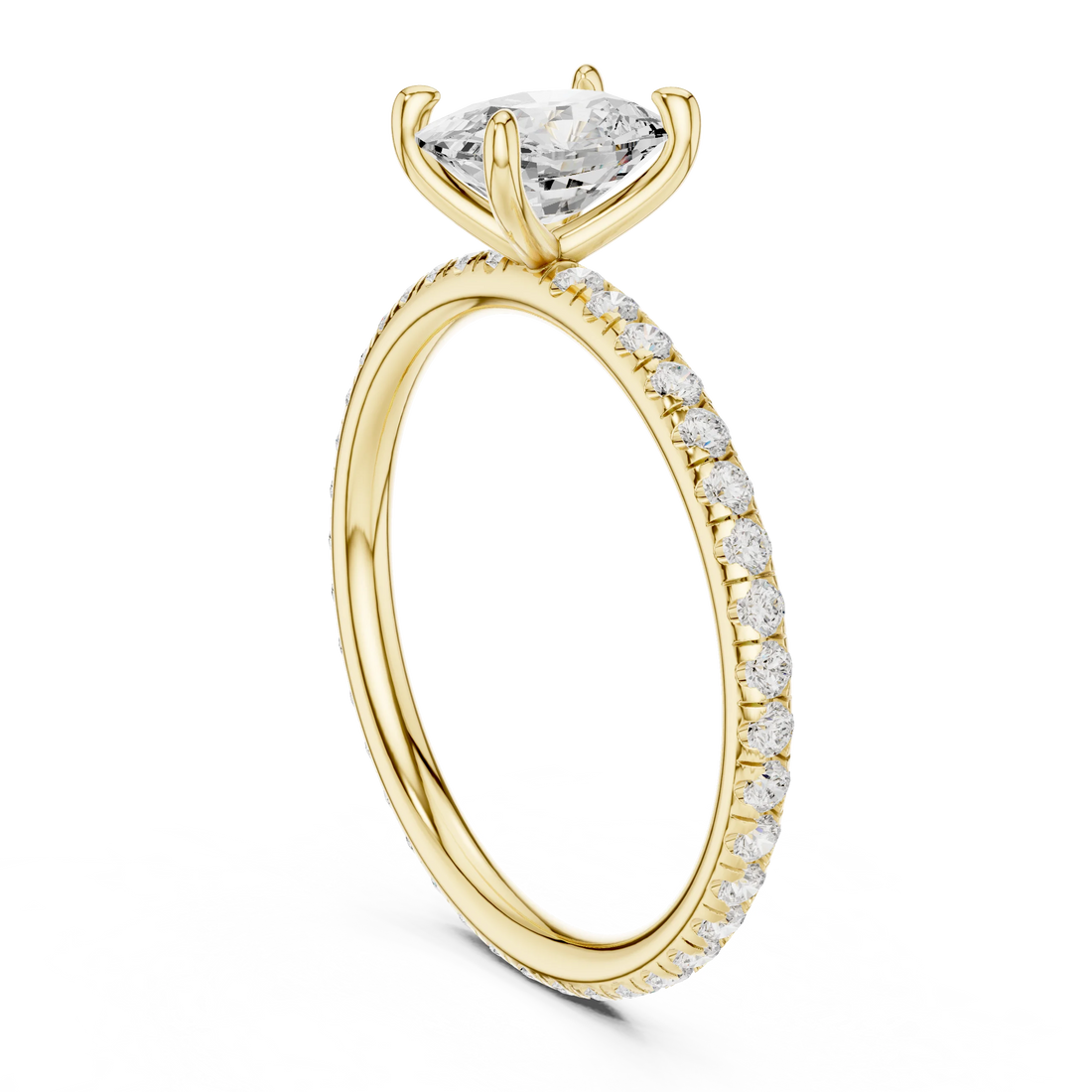 Back side view of yellow gold cushion cut solitaire ring showing pavé band and setting structure