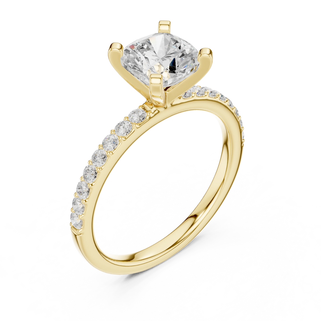 Front view of yellow gold cushion solitaire ring with thin pavé band and center diamond