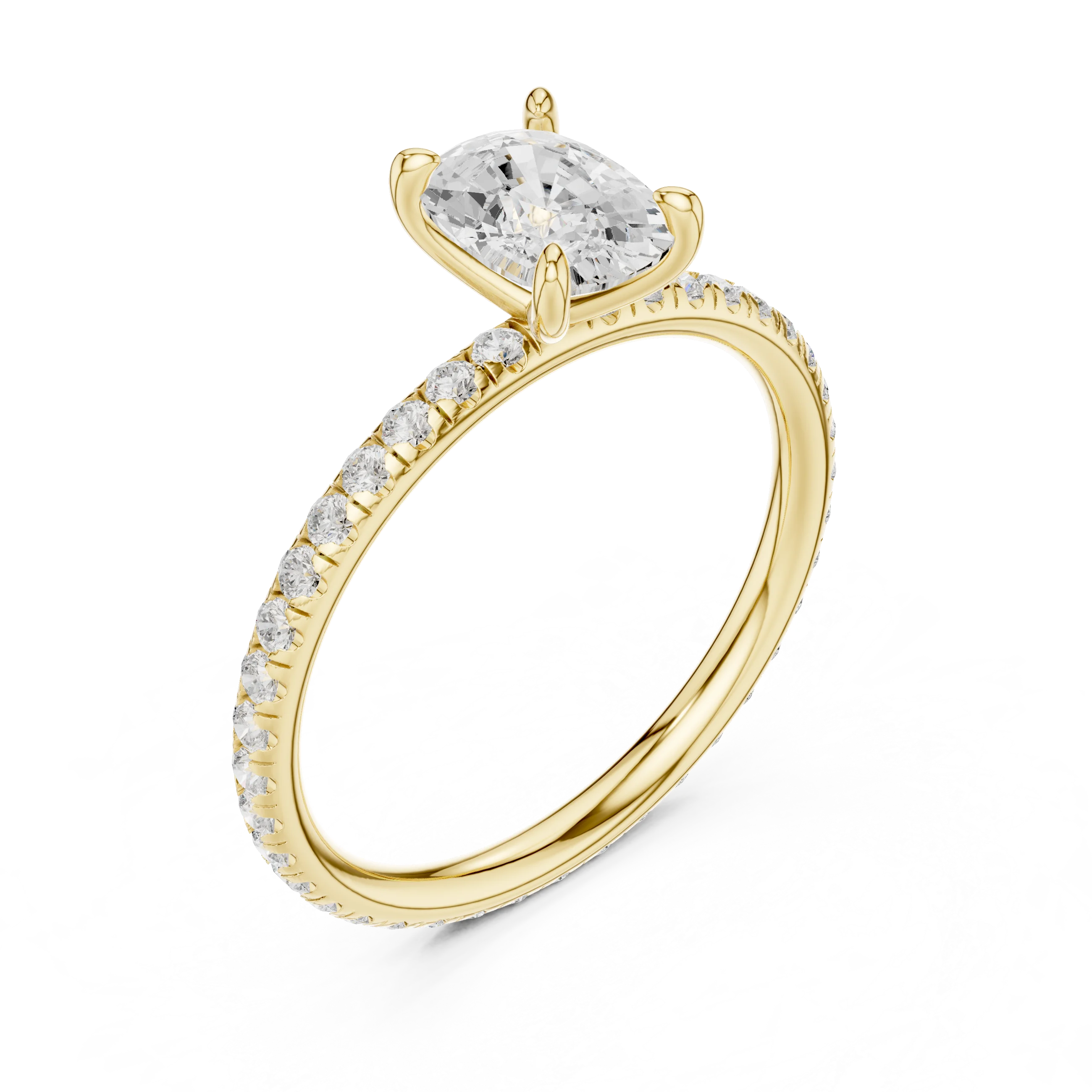 Front view of yellow gold cushion cut solitaire ring with thin pavé diamond band and center gemstone