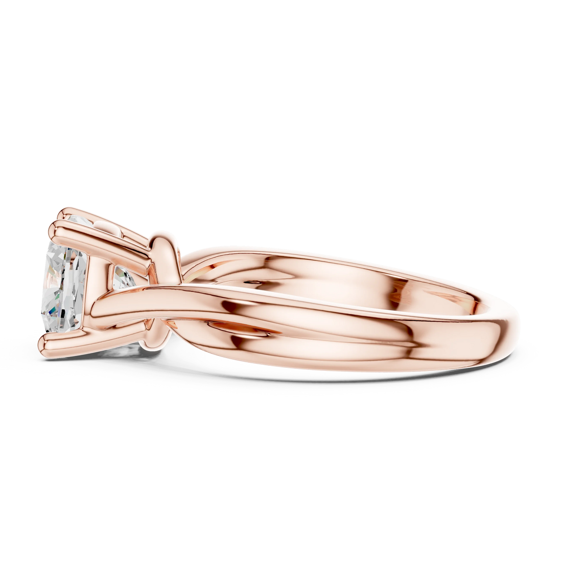 Side profile of rose gold Asscher cut solitaire ring with twisted band and elevated center stone