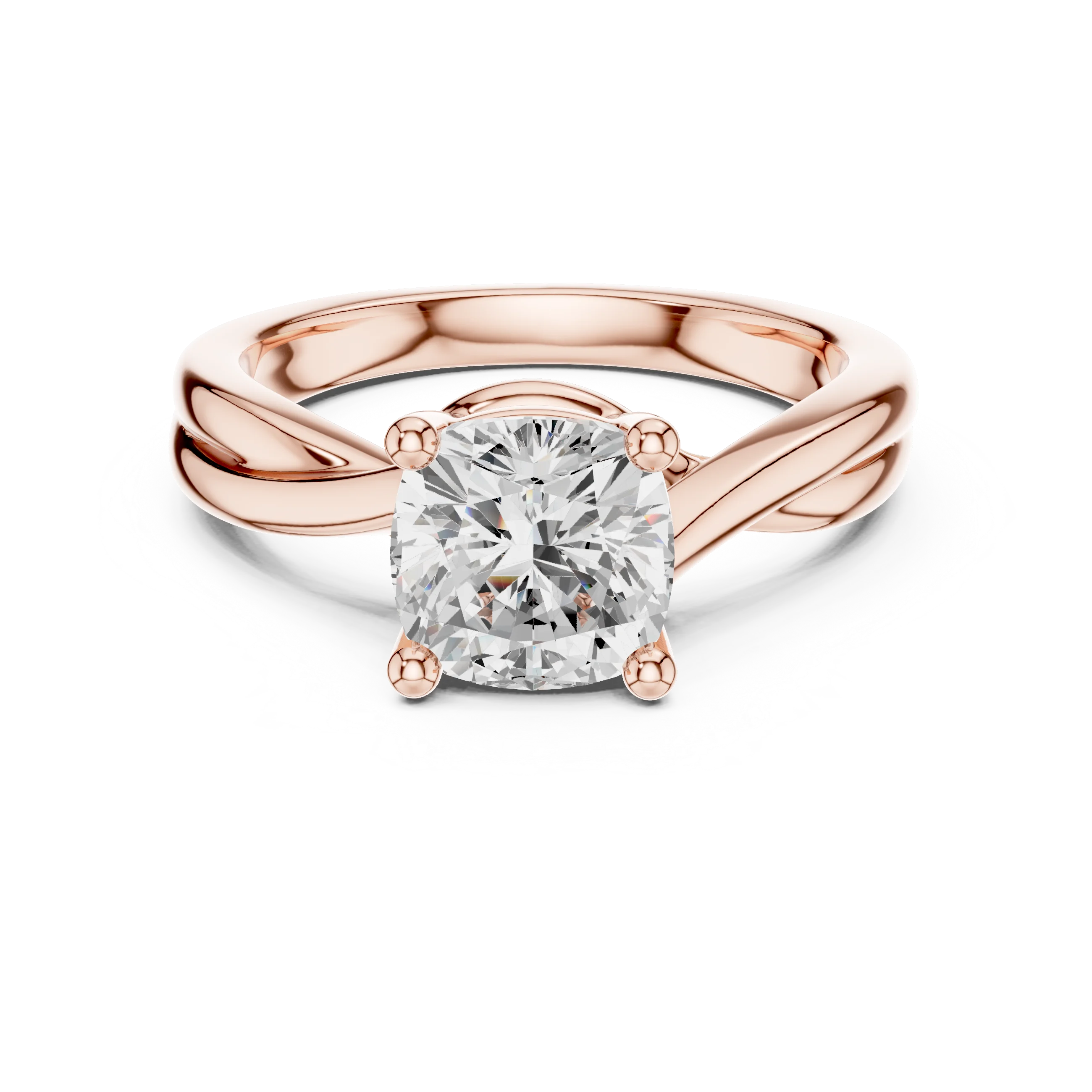 Lab-grown cushion cut solitaire ring in rose gold with twisted band design