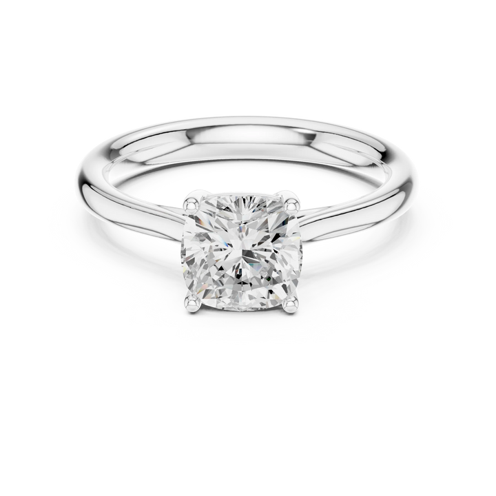 Lab-grown cushion cut solitaire ring in white gold, elegant and timeless design, Australia collection