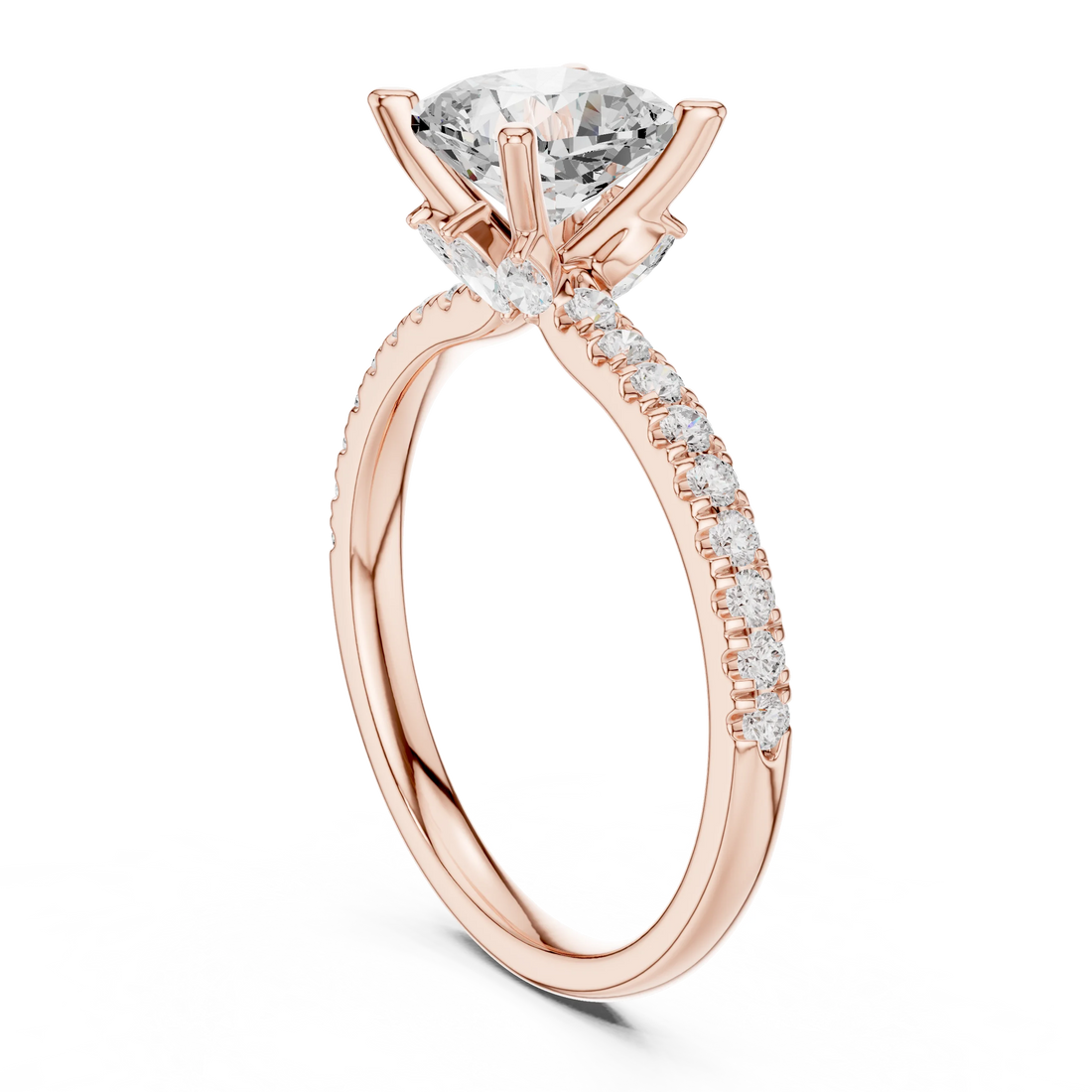 Back side view of rose gold cushion solitaire ring with pave diamond band and lab-grown diamond – Australia