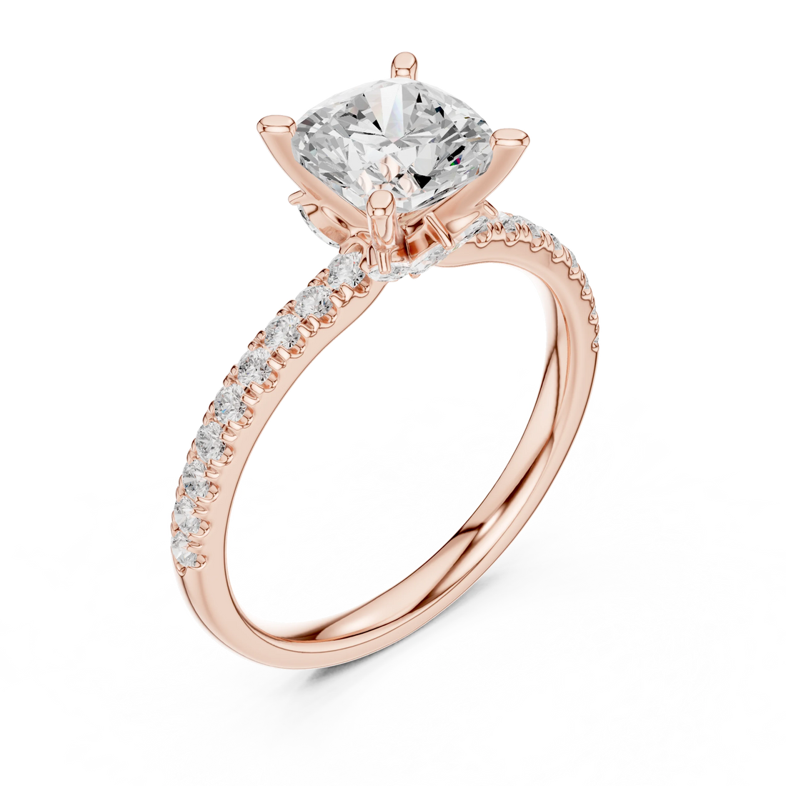 Front view of rose gold cushion solitaire ring with pave diamond band and lab-grown diamond – Australia