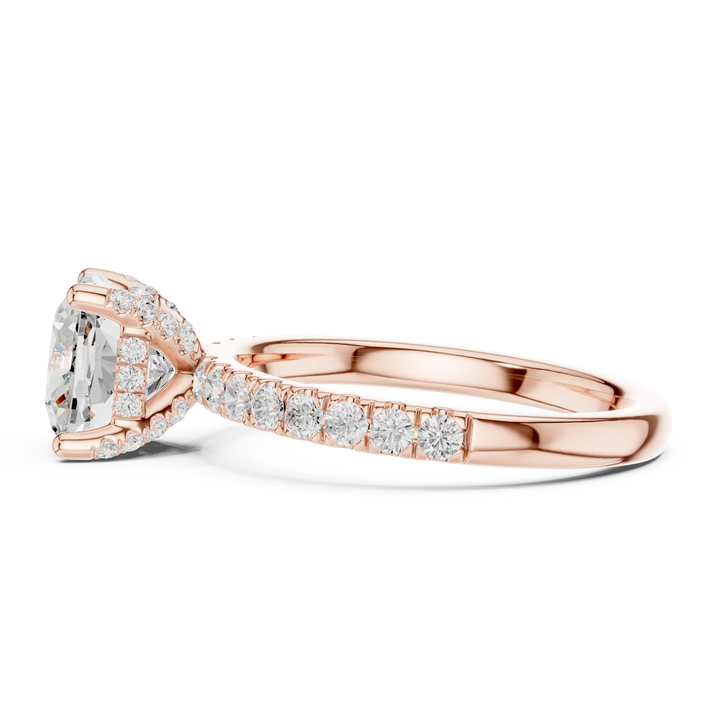 Side view of rose gold cushion solitaire ring with pave diamond band and lab-grown diamond – Australia