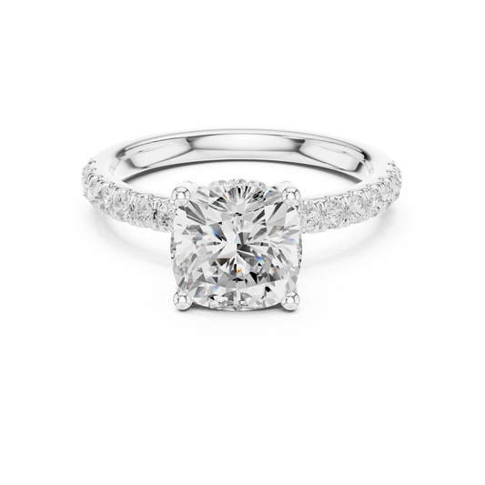 Cushion solitaire ring in white gold with pave diamond band and lab-grown diamond – Australia