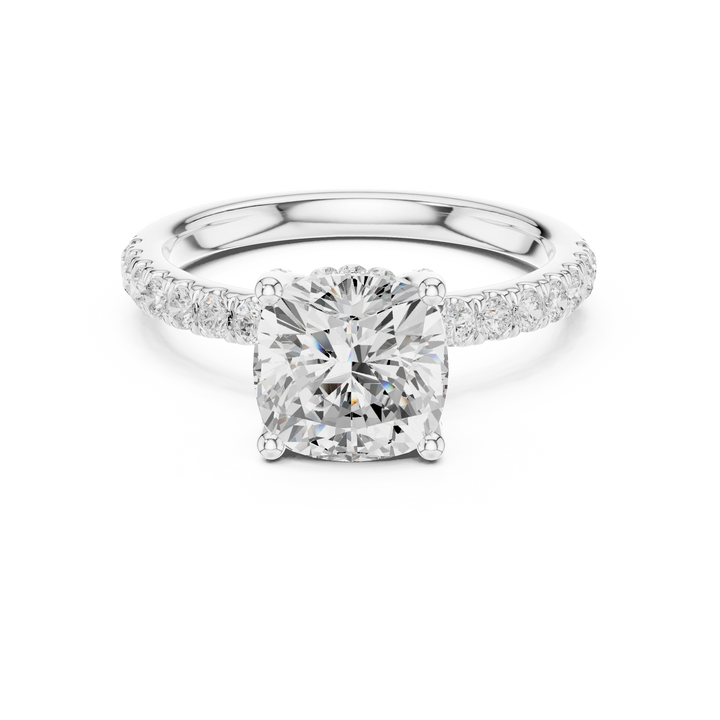 Cushion solitaire ring in white gold with pave diamond band and lab-grown diamond – Australia