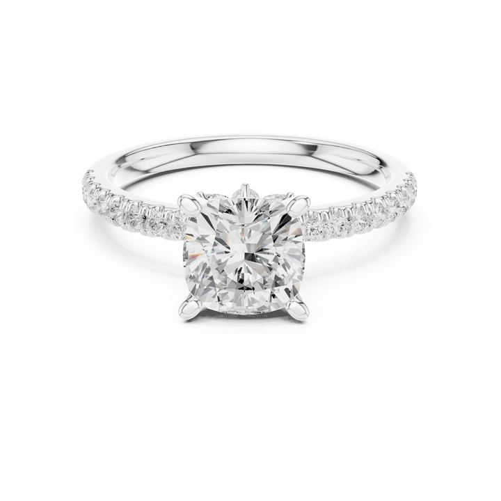 Cushion solitaire ring in white gold with pave diamond band and lab-grown diamond – Australia