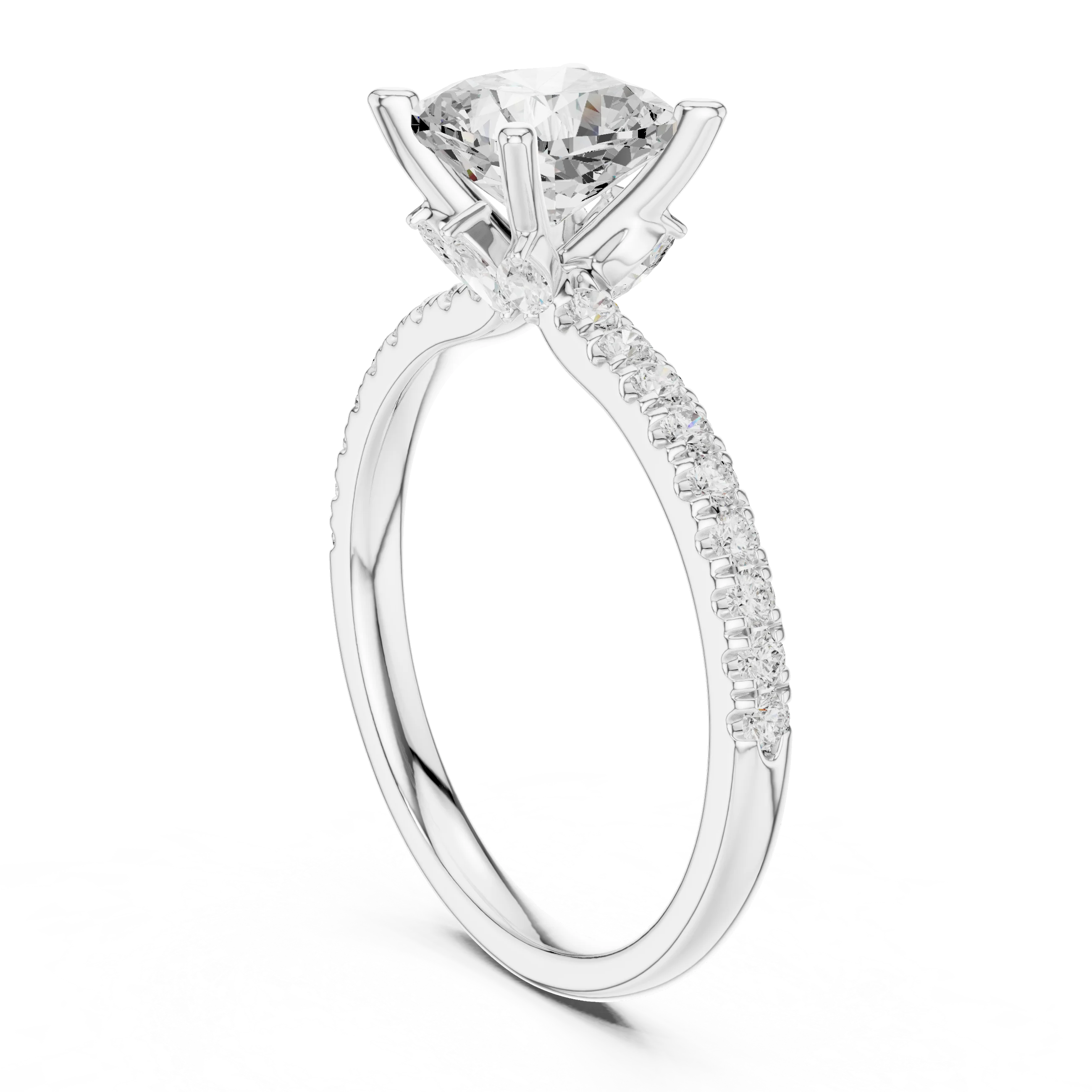 Back side view of white gold cushion solitaire ring with pave diamond band and lab-grown diamond – Australia