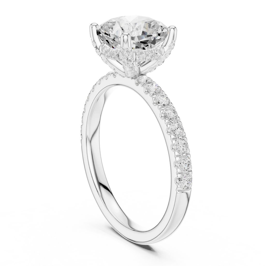Back view of white gold cushion solitaire ring with pave diamond band and lab-grown diamond – Australia