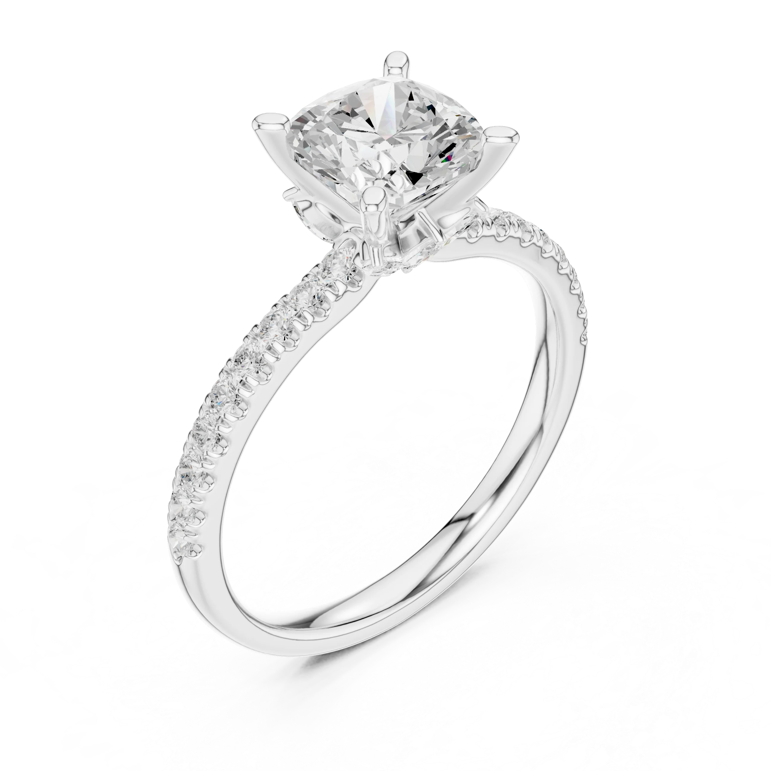 Front view of white gold cushion solitaire ring with pave diamond band and lab-grown diamond – Australia