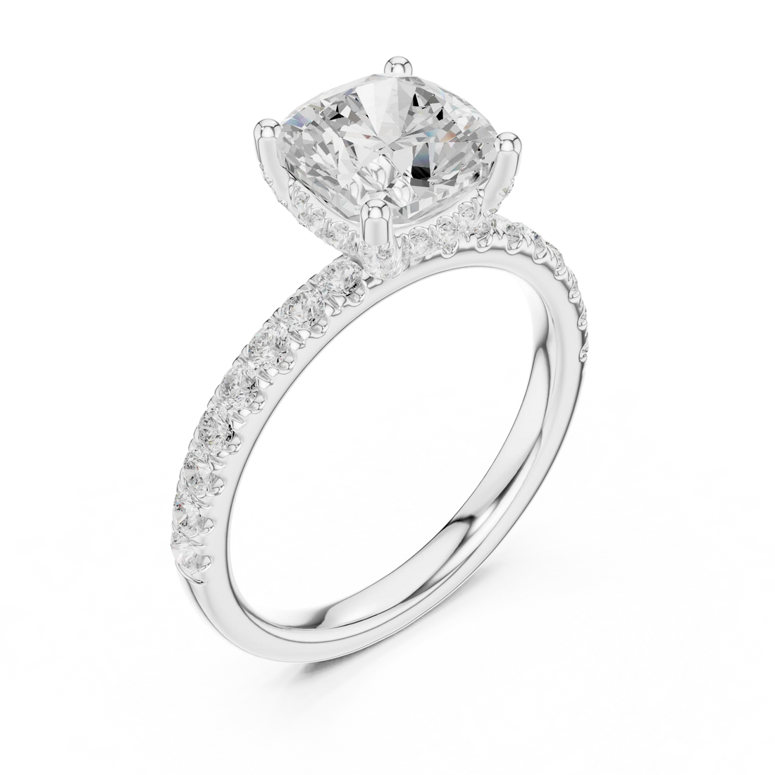 Front view of white gold cushion solitaire ring with pave diamond band and lab-grown diamond – Australia