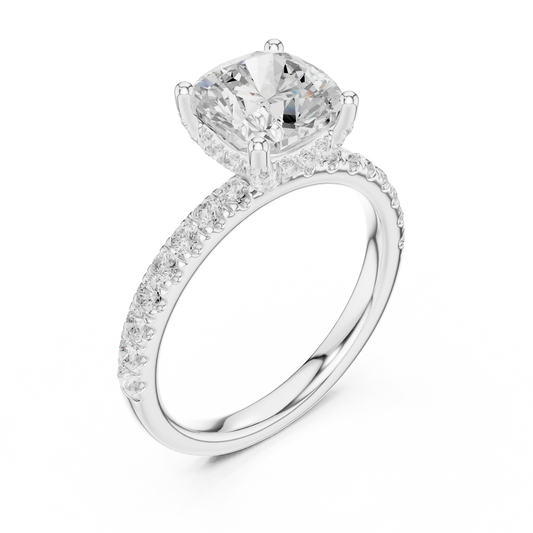 Front view of white gold cushion solitaire ring with pave diamond band and lab-grown diamond – Australia