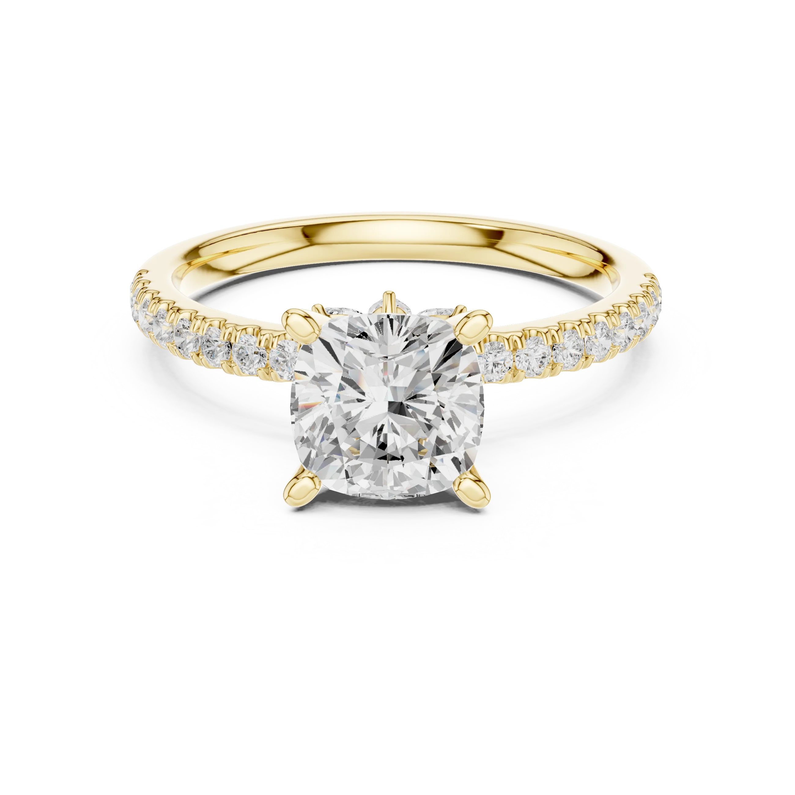 Cushion solitaire ring in yellow gold with pave diamond band and lab-grown diamond – Australia