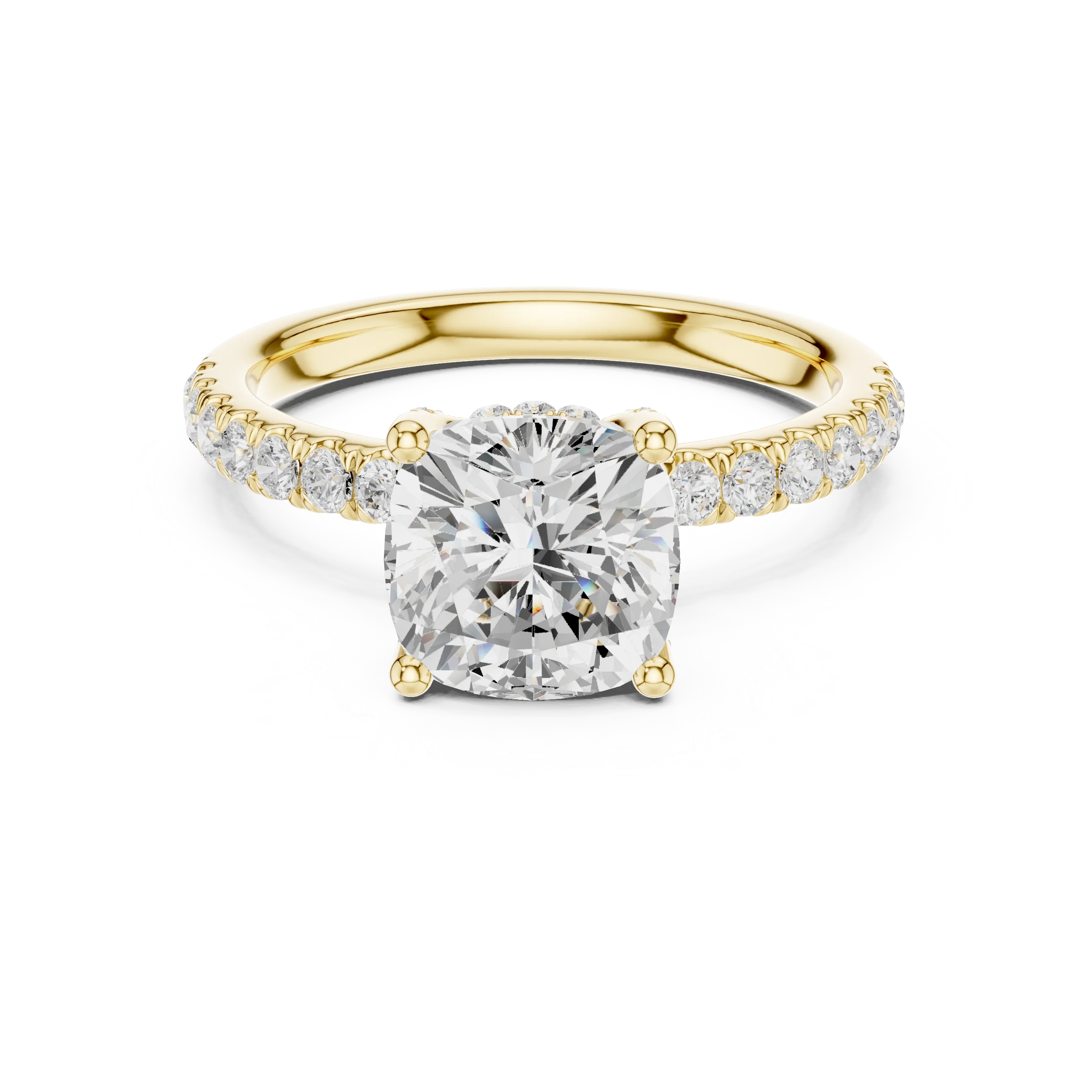 Cushion solitaire ring in yellow gold with pave diamond band and lab-grown diamond – Australia