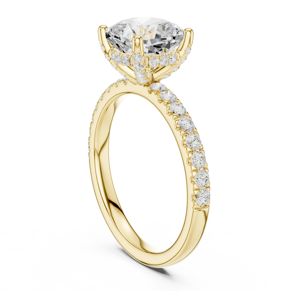 Back view of yellow gold cushion solitaire ring with pave diamond band and lab-grown diamond – Australia