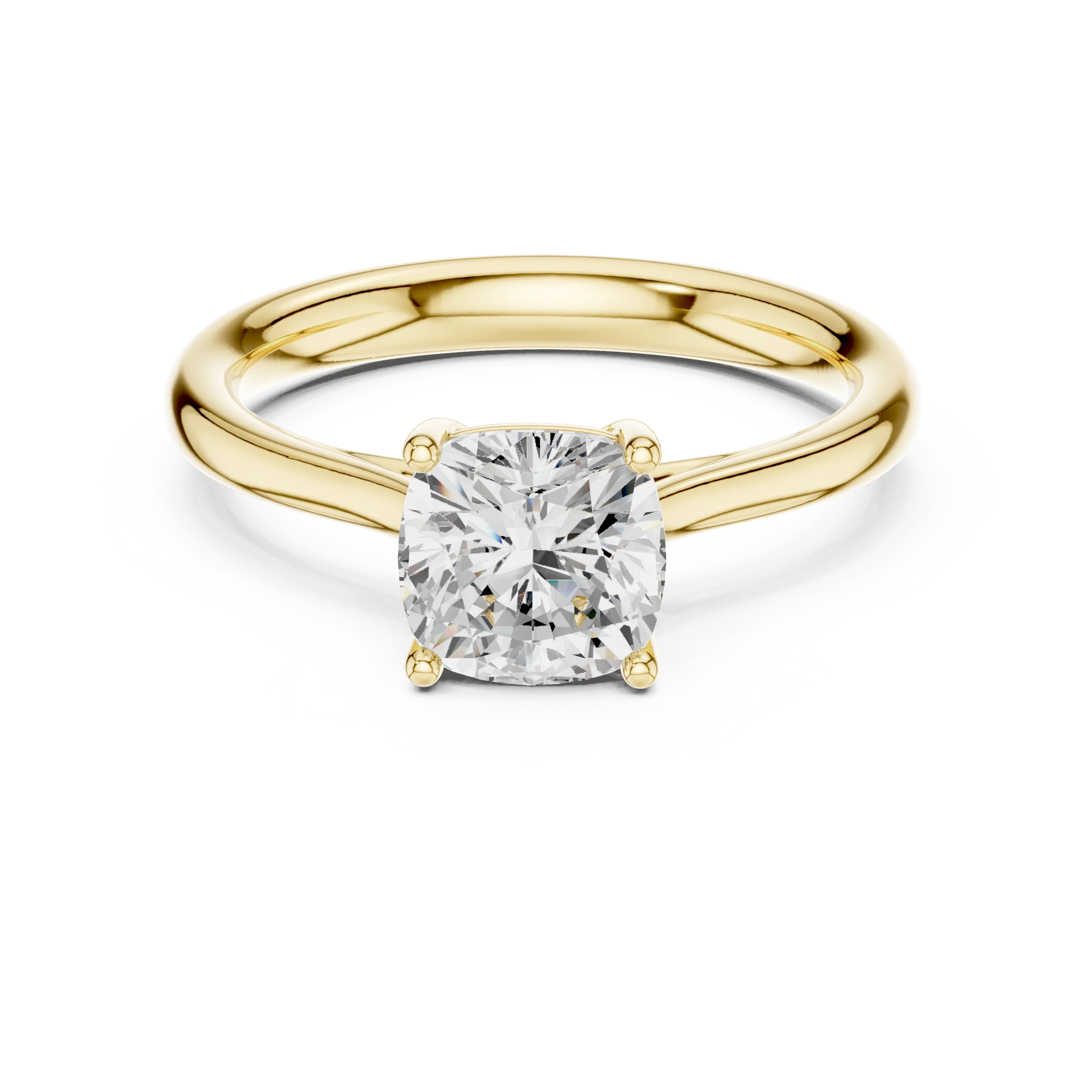 Lab-grown cushion cut solitaire ring in yellow gold with classic and luxurious appeal
