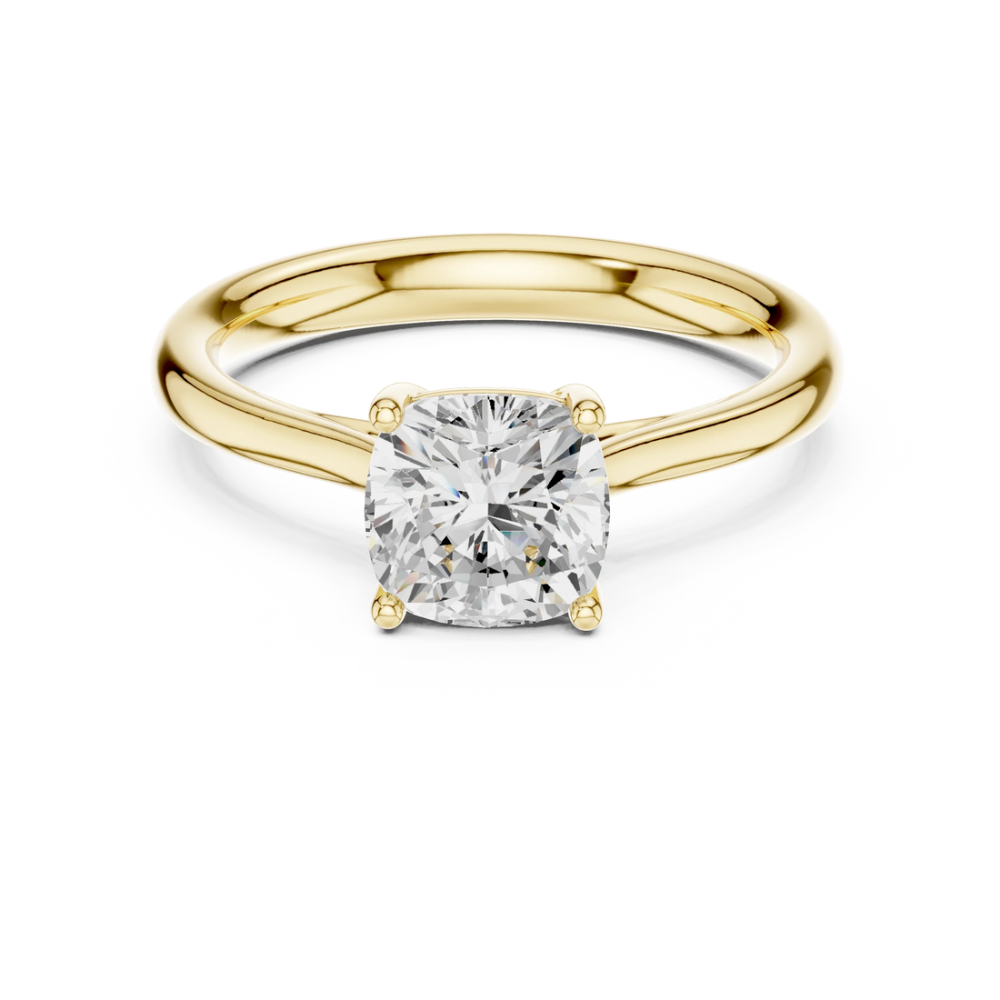 Lab-grown cushion cut solitaire ring in yellow gold with classic and luxurious appeal