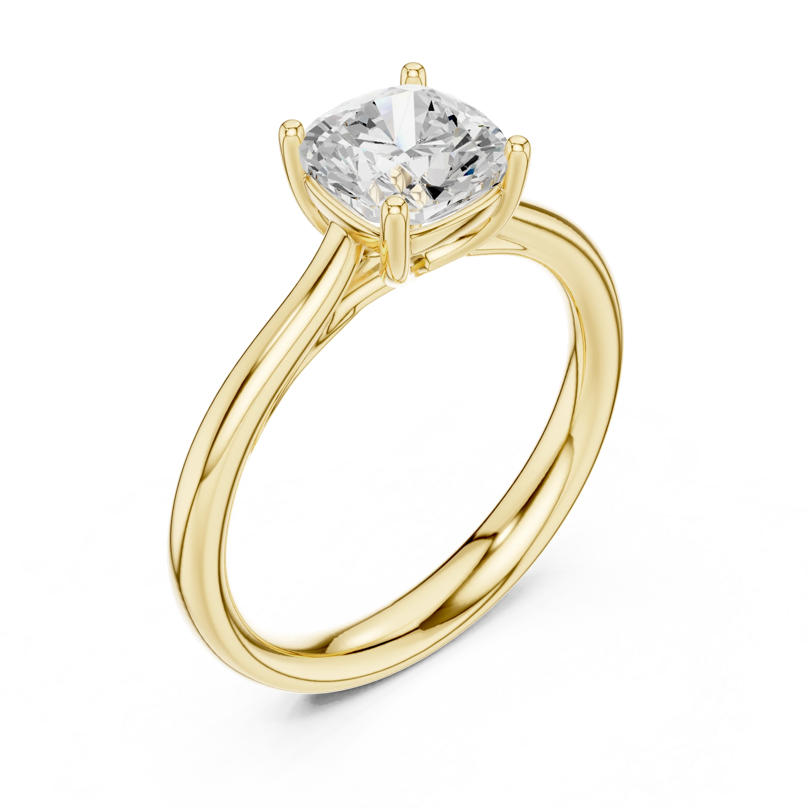 Front view of yellow gold cushion cut solitaire ring showcasing lab-grown diamond sparkle