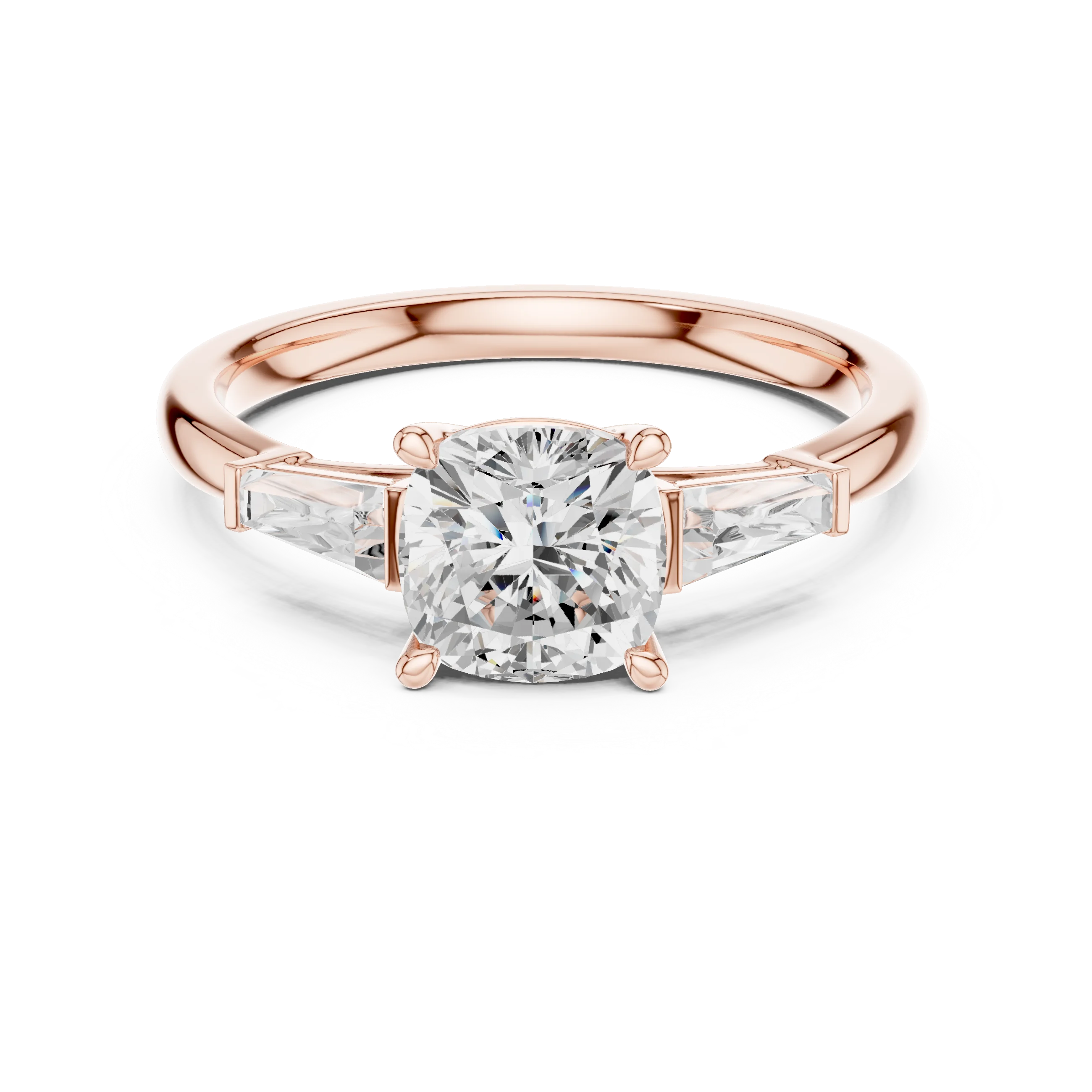 Rose gold cushion three-stone ring with tapered baguette side stones