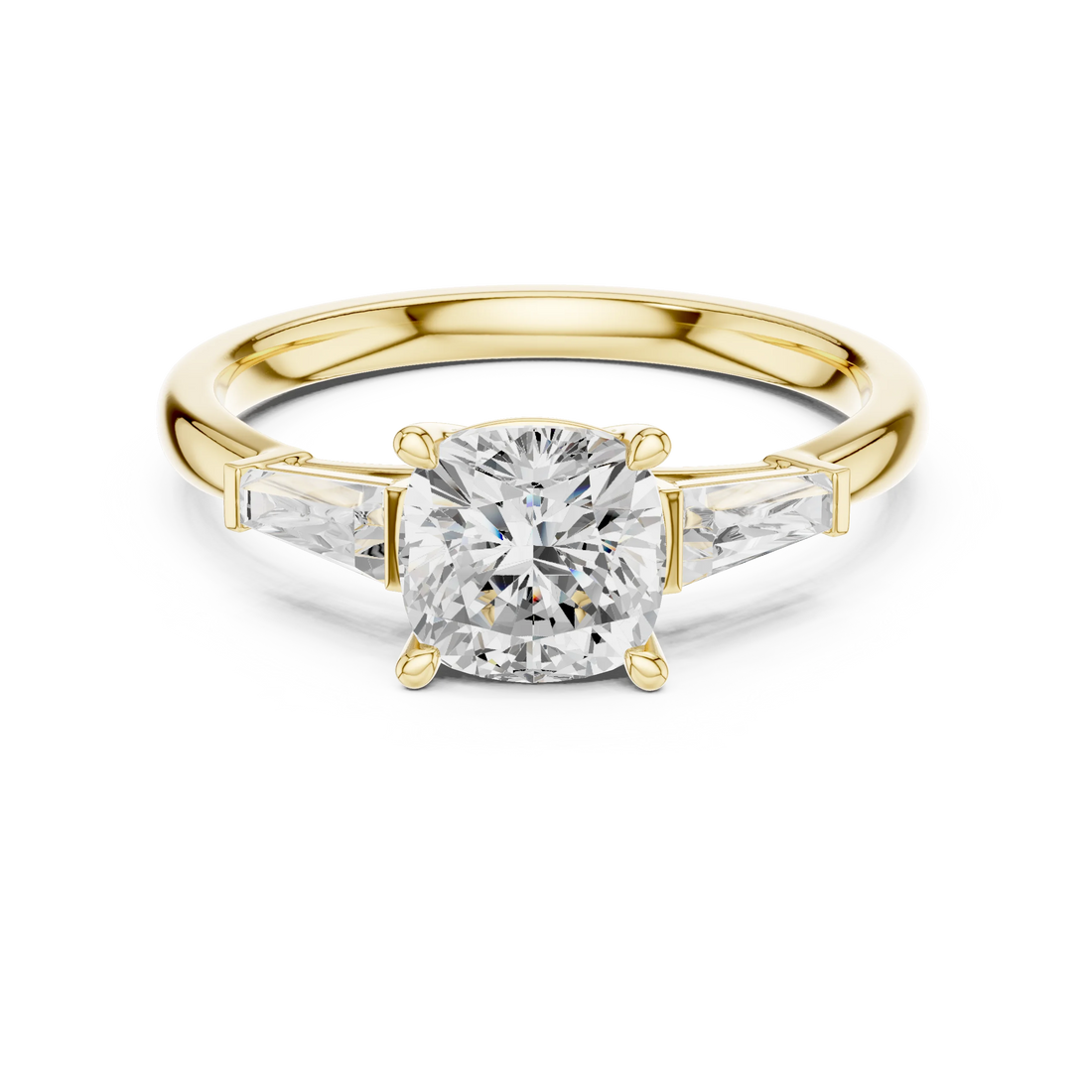 Yellow gold cushion three-stone ring with tapered baguette side stones
