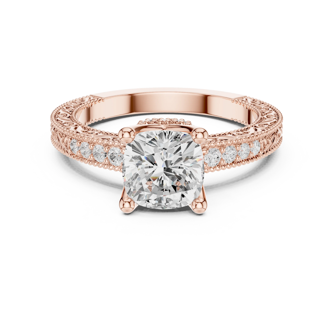 Cushion vintage filigree ring in rose gold with milgrain, channel set diamond band and lab-grown diamond – Australia