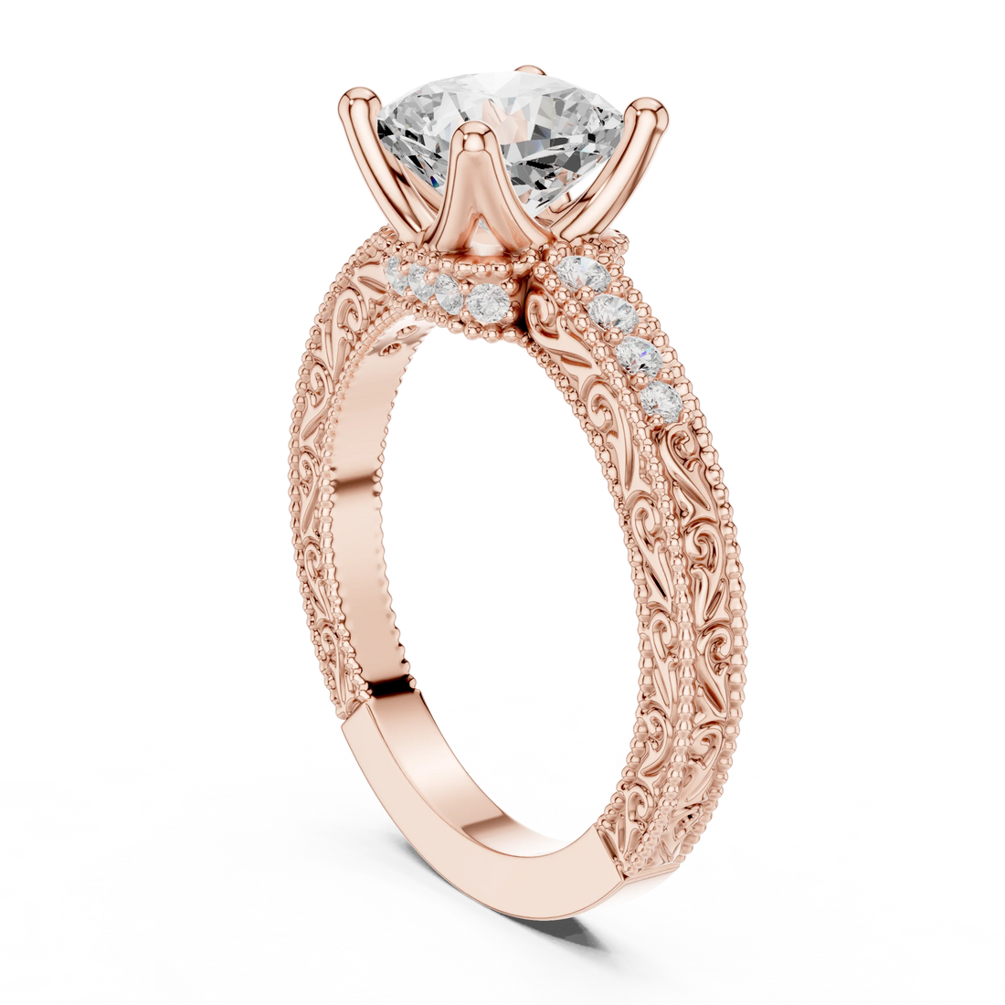 Back view of rose gold cushion vintage filigree ring with milgrain, channel set diamond band and lab-grown diamond – Australia