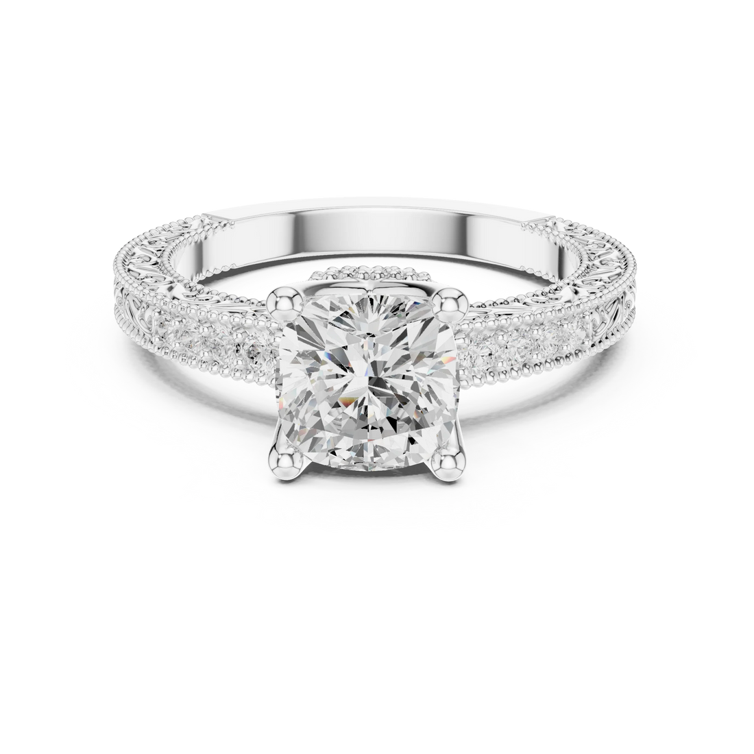Cushion vintage filigree ring in white gold with milgrain, channel set diamond band and lab-grown diamond – Australia