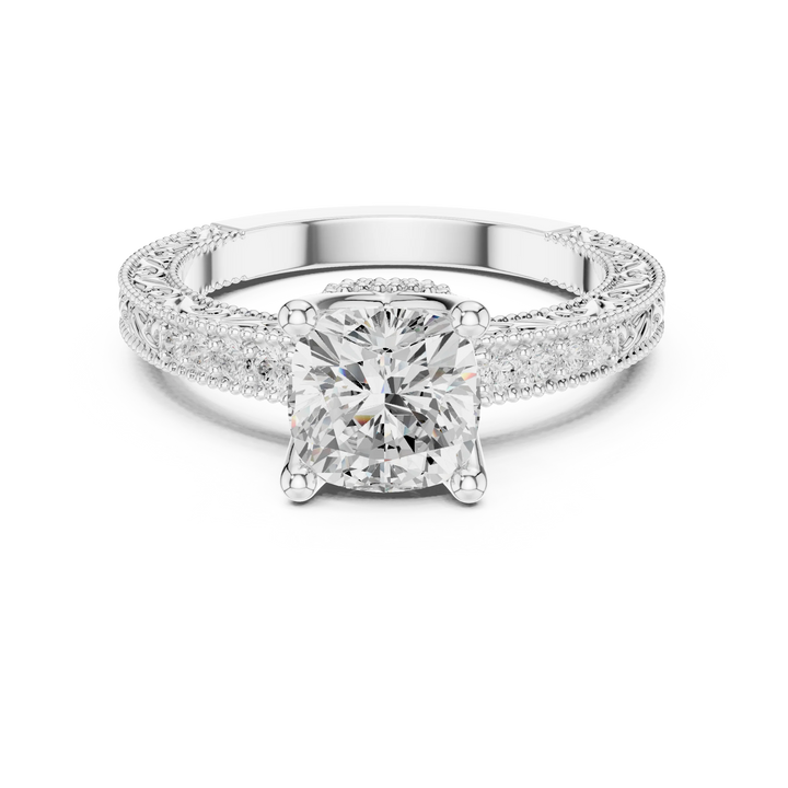 Cushion vintage filigree ring in white gold with milgrain, channel set diamond band and lab-grown diamond – Australia