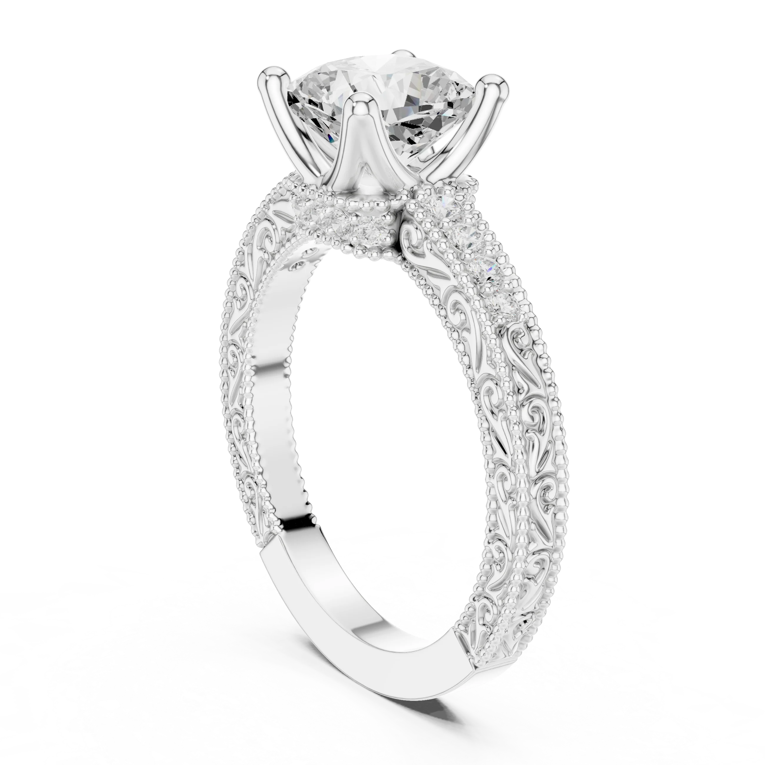 Back view of white gold cushion vintage filigree ring with milgrain, channel set diamond band and lab-grown diamond – Australia