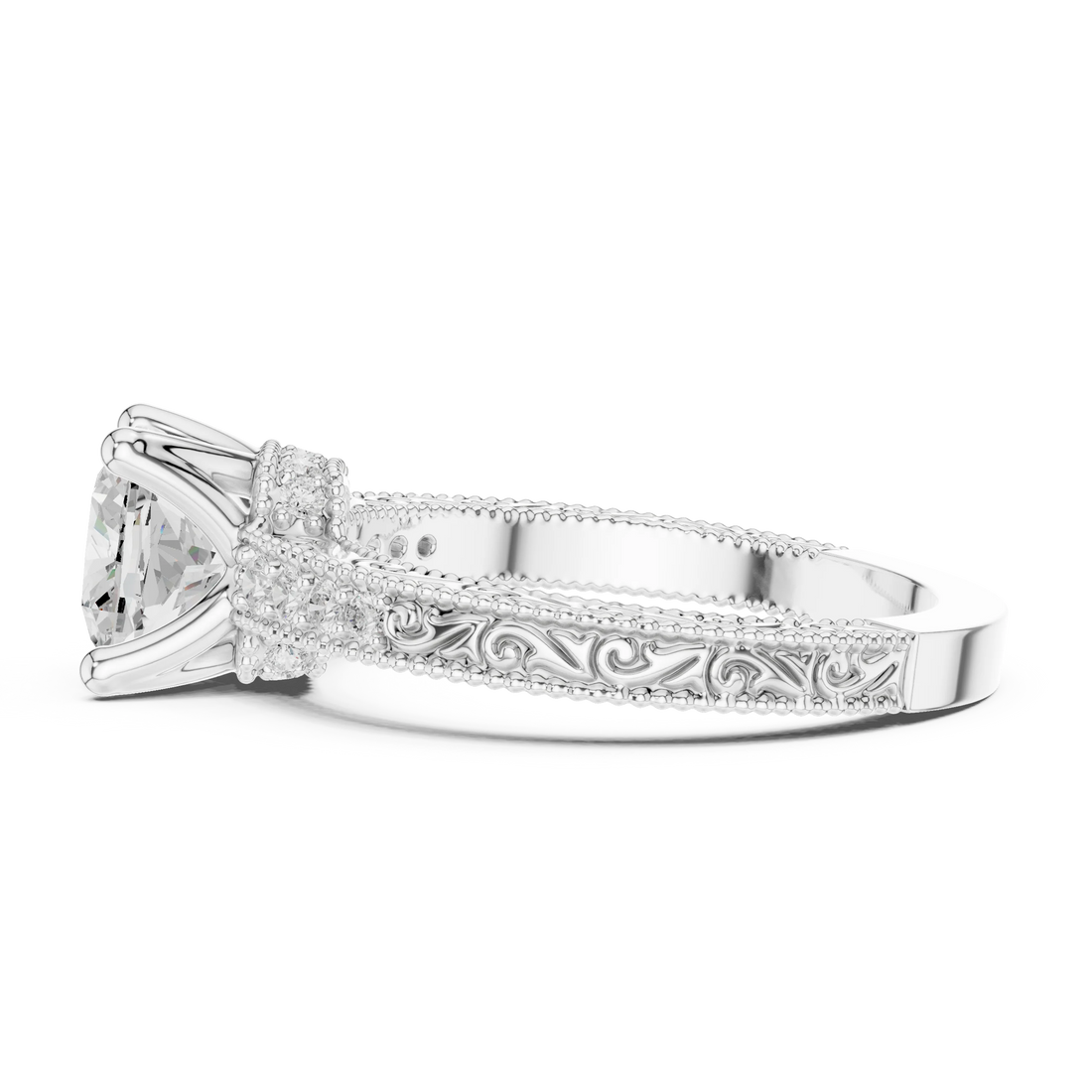 Side view of white gold cushion vintage filigree ring with milgrain, channel set diamond band and lab-grown diamond – Australia