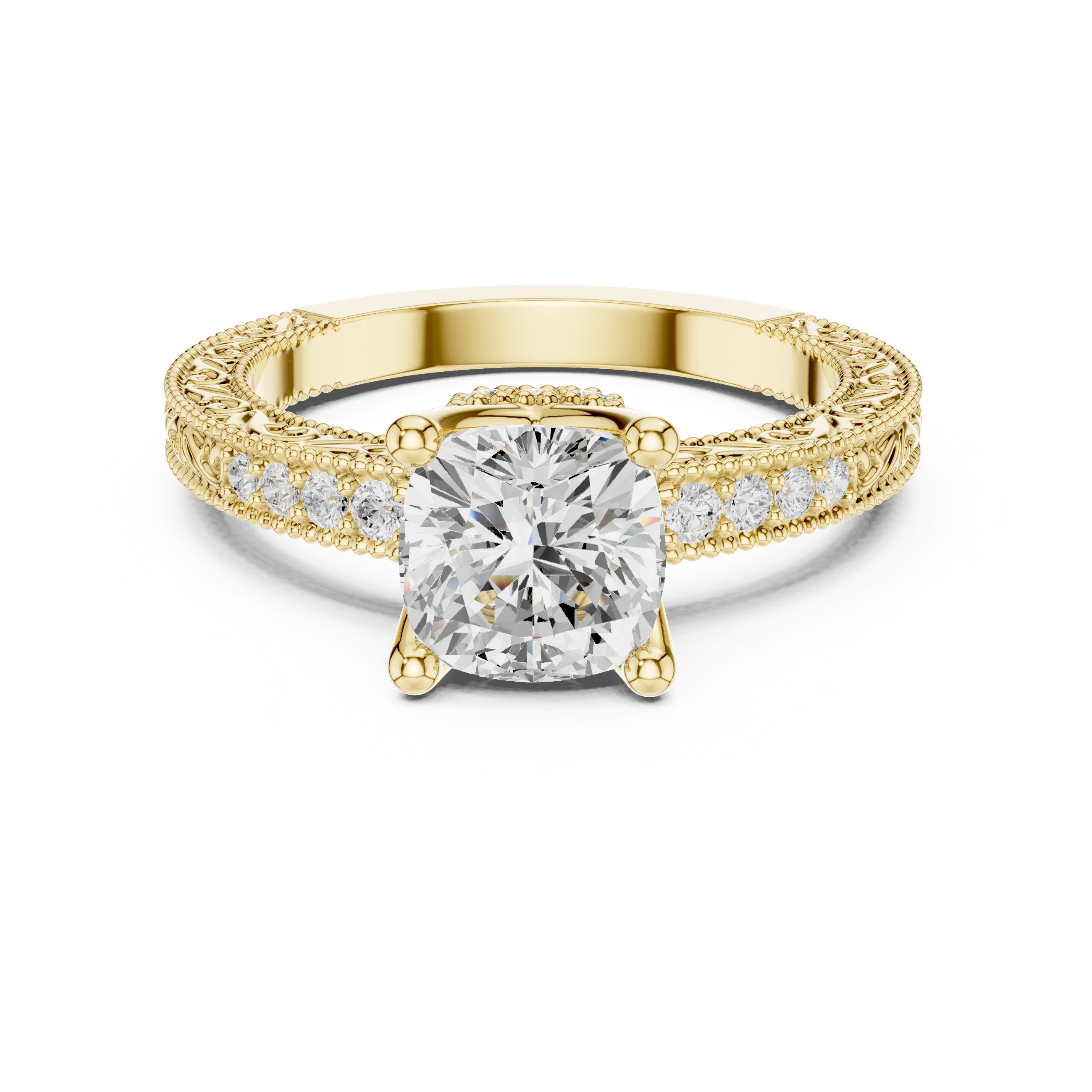 Cushion vintage filigree ring in yellow gold with milgrain, channel set diamond band and lab-grown diamond – Australia