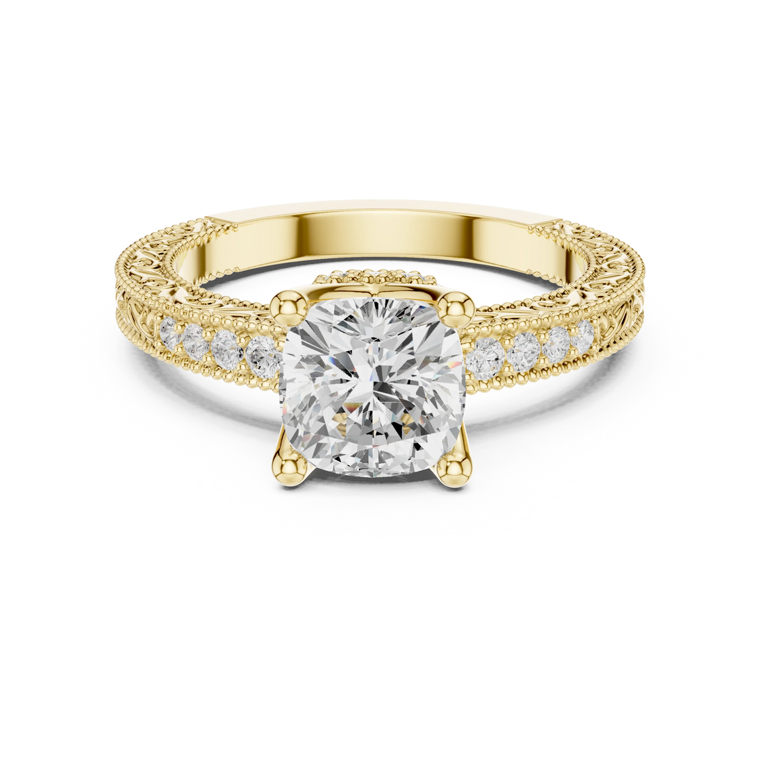 Cushion vintage filigree ring in yellow gold with milgrain, channel set diamond band and lab-grown diamond – Australia