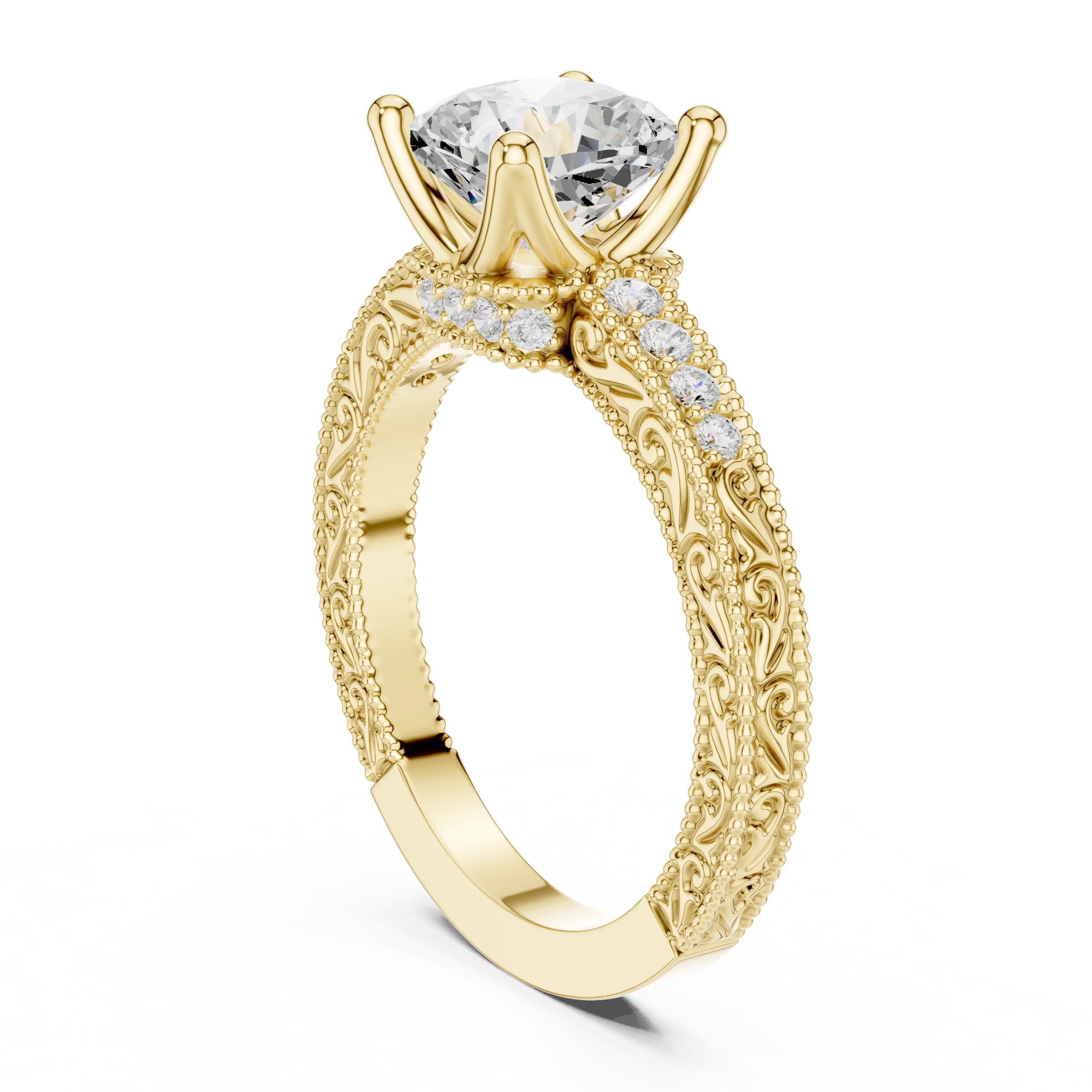 Back view of yellow gold cushion vintage filigree ring with milgrain, channel set diamond band and lab-grown diamond – Australia