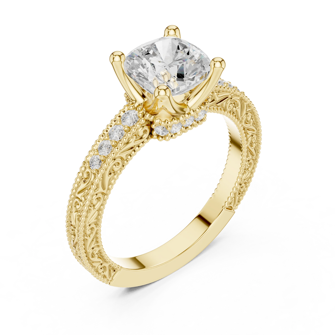 Front view of yellow gold cushion vintage filigree ring with milgrain, channel set diamond band and lab-grown diamond – Australia