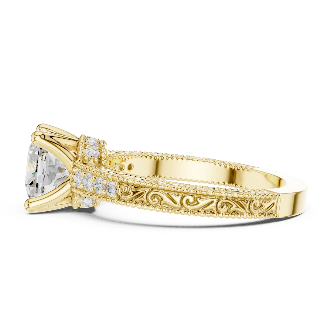 Side view of yellow gold cushion vintage filigree ring with milgrain, channel set diamond band and lab-grown diamond – Australia