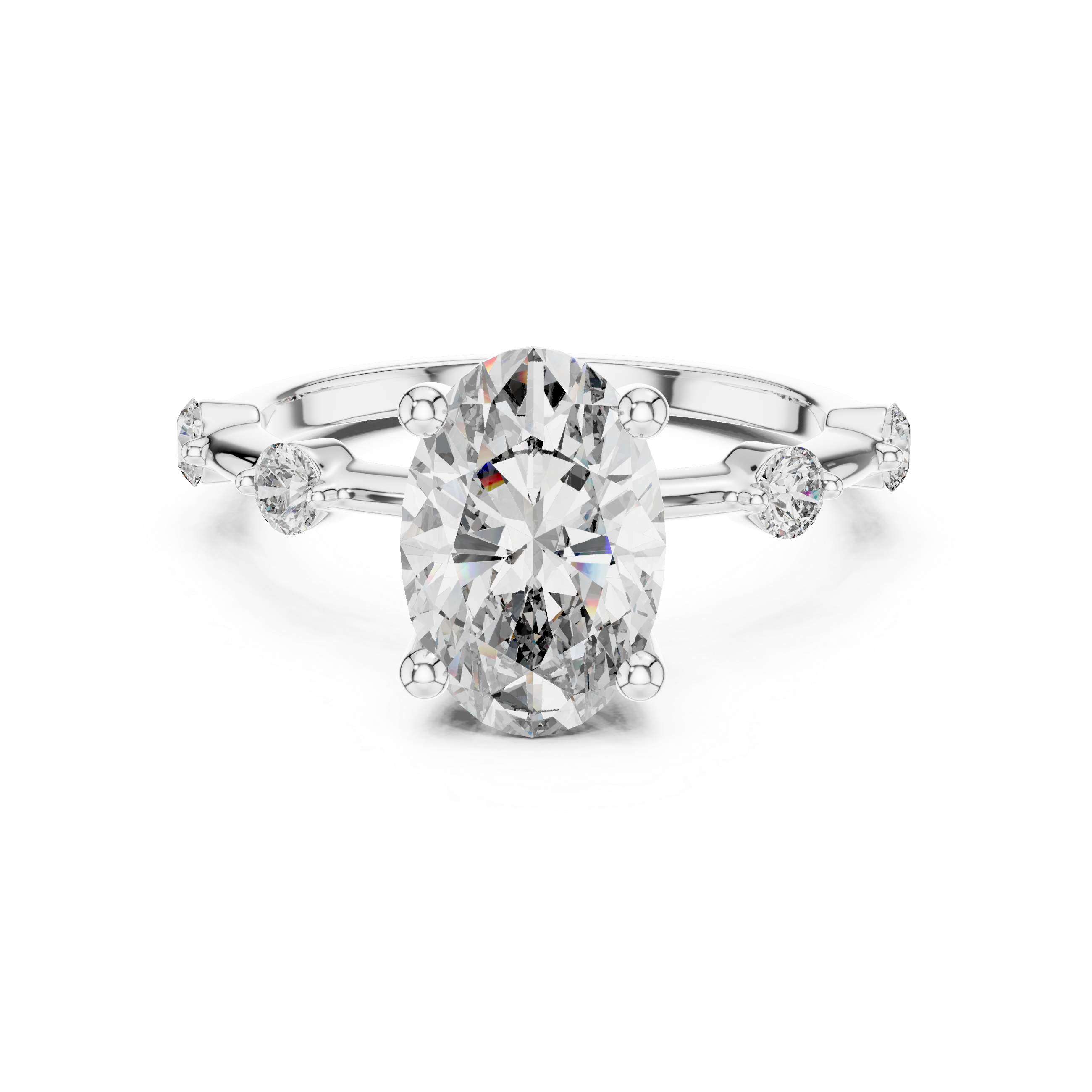 Oval Solitaire Diamond Ring with Round Side Accents