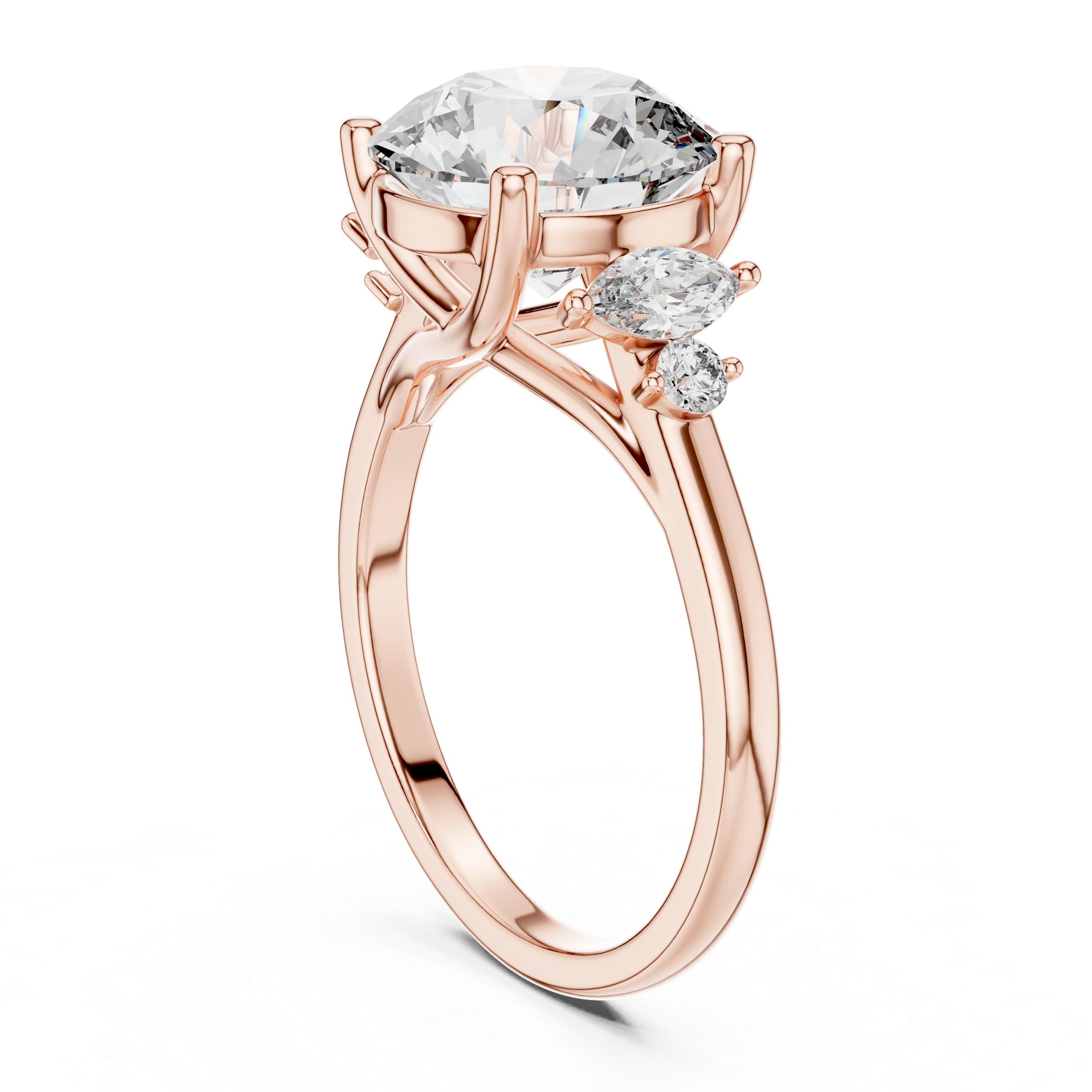 Round Solitaire Diamond Ring with Oval Side Accents
