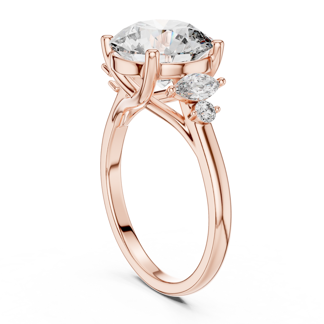 Round Solitaire Diamond Ring with Oval Side Accents