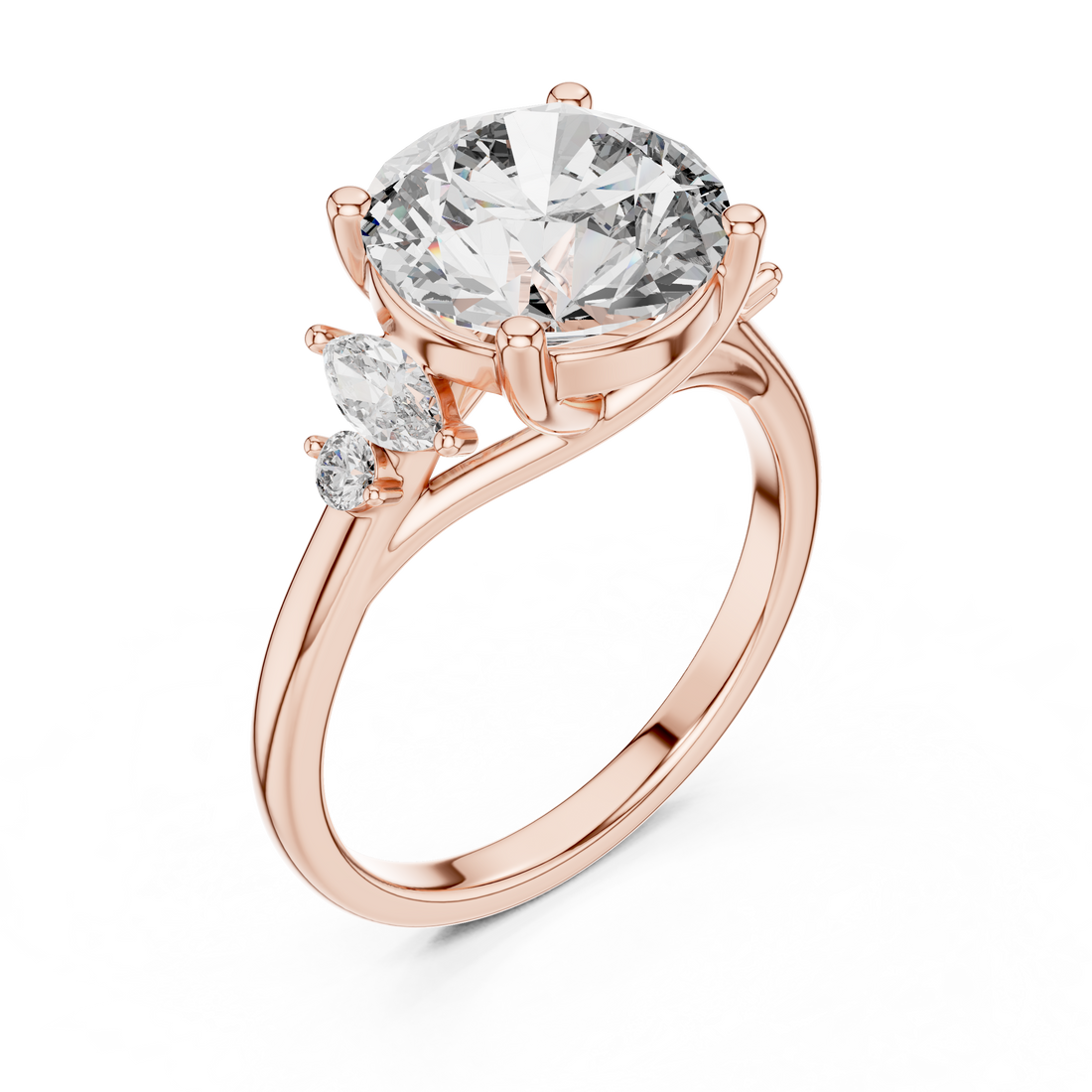 Round Solitaire Diamond Ring with Oval Side Accents