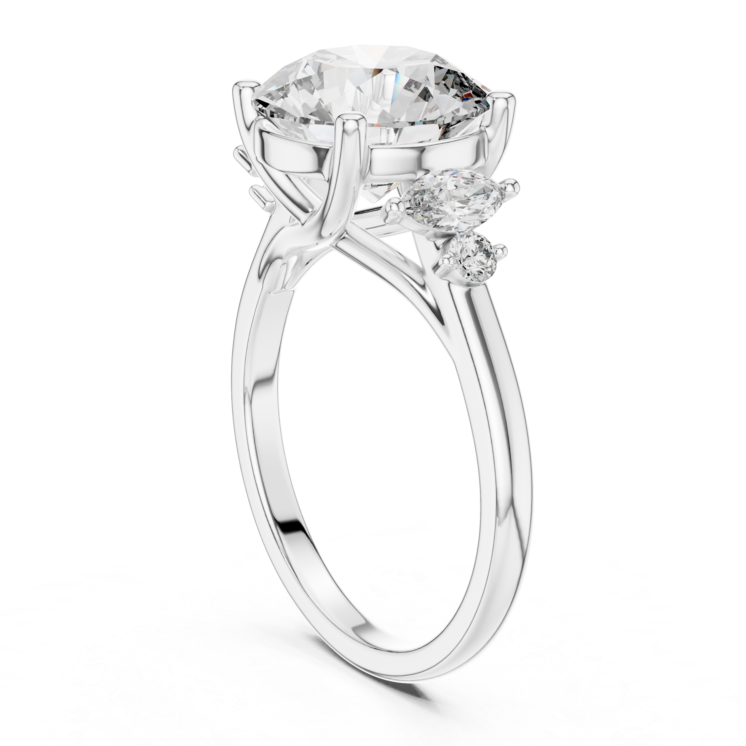 Round Solitaire Diamond Ring with Oval Side Accents