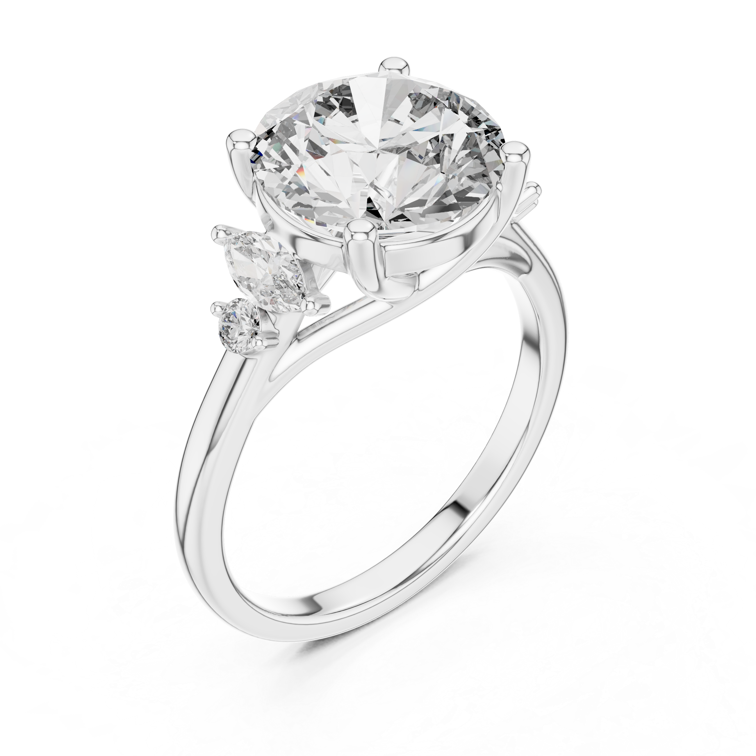 Round Solitaire Diamond Ring with Oval Side Accents
