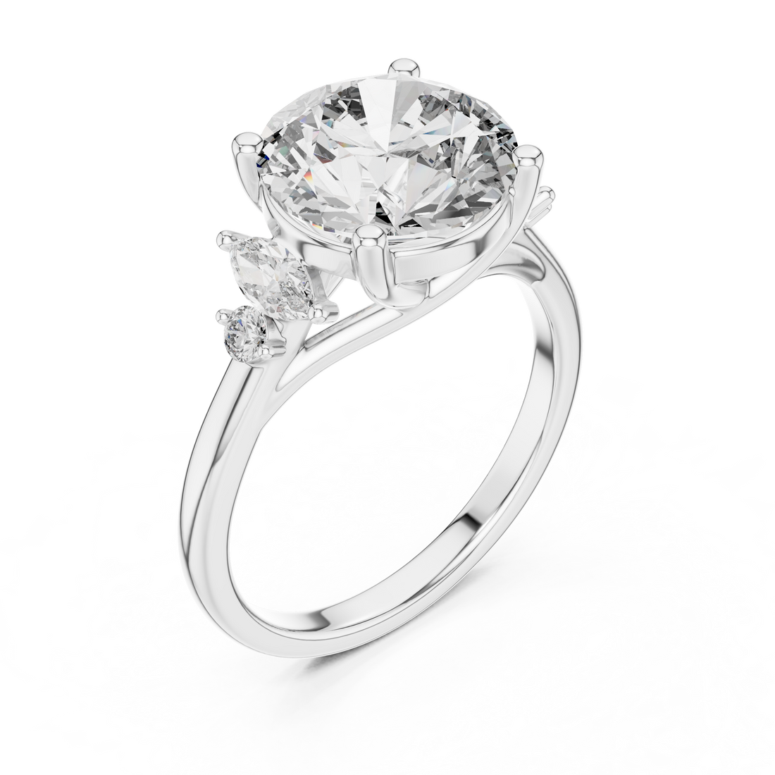 Round Solitaire Diamond Ring with Oval Side Accents
