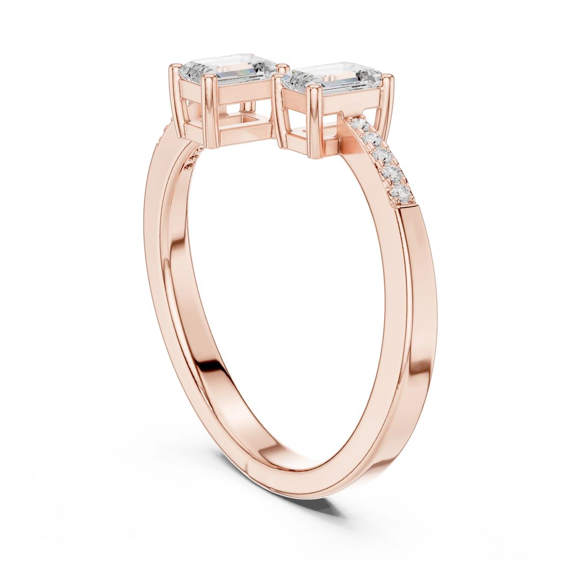 Back view of rose gold double emerald open gap ring with lab-grown stones and pavé band