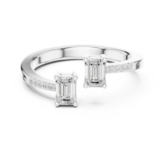 Double emerald open gap two stone ring with lab-grown emeralds and pavé band in white gold, Australia collection
