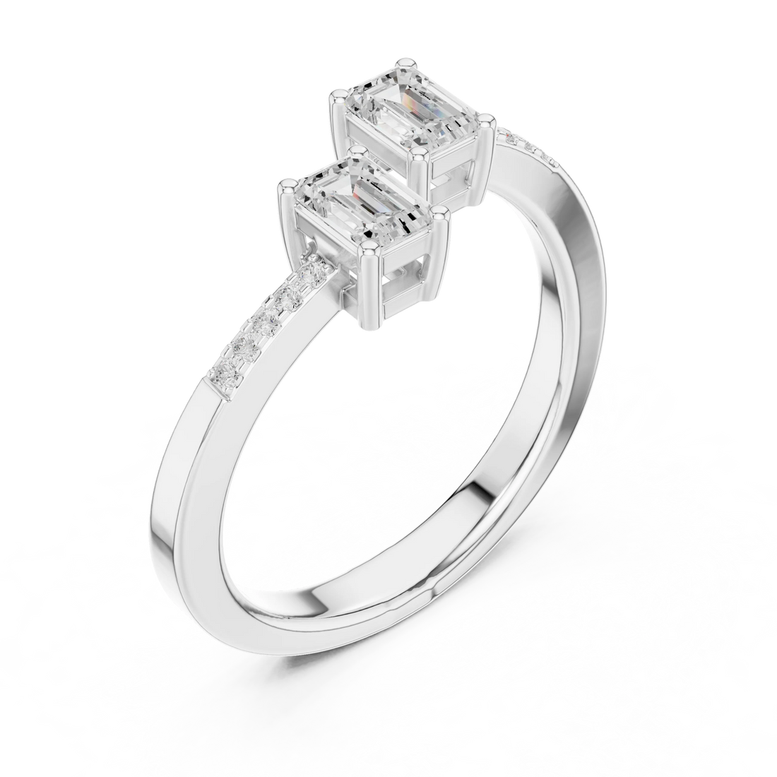 Front view of white gold two stone ring with double emerald lab-grown gemstones and pavé band